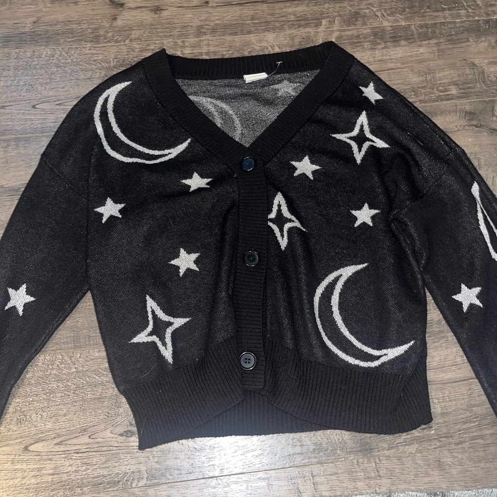 Black Cardigan with Moon and Star Design